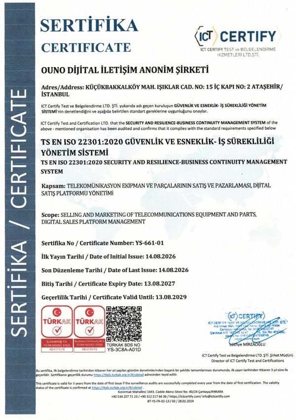 İş Sürekliliği Yönetim Sistemi — OUNO Dijital İletişim A.Ş.
