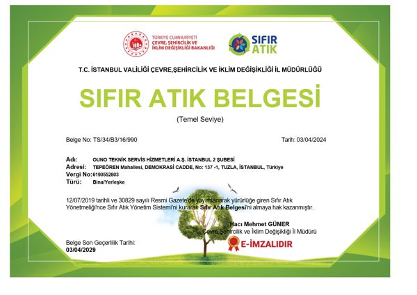 Sıfır Atık Belgesi — OUNO Teknik Servis Hizmetleri A.Ş. İstanbul 2. Şube