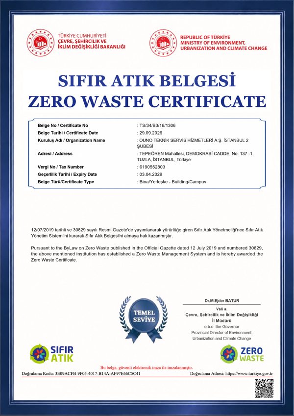 Sıfır Atık Belgesi — OUNO Teknik Servis Hizmetleri A.Ş. İstanbul 2. Şube