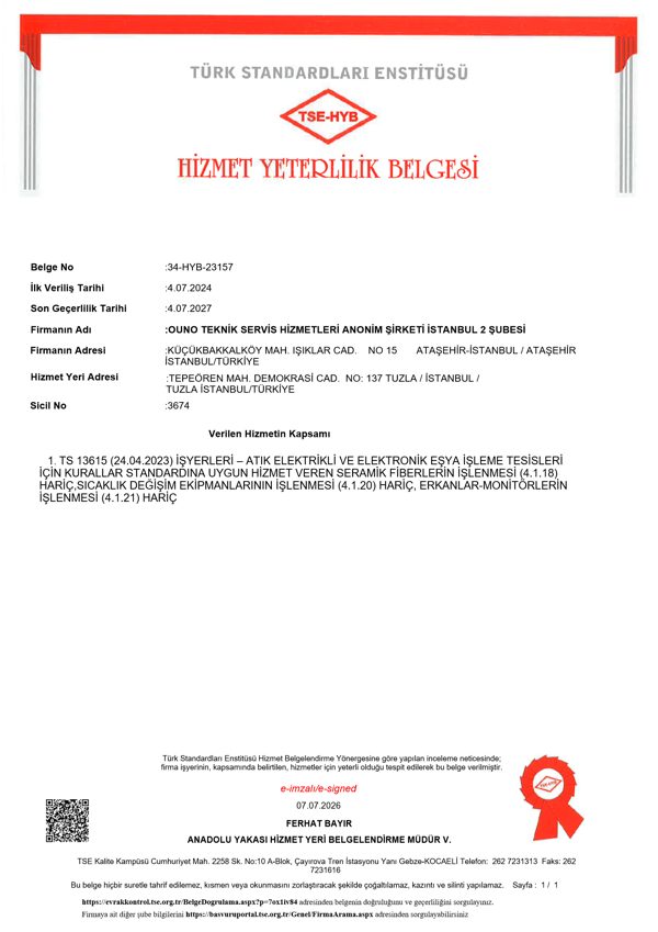 AEEE İşleme Tesisi — OUNO Teknik Servis Hizmetleri A.Ş. İstanbul 2. Şube