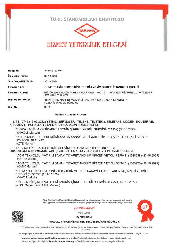 Yetkili Teknik Servis — Tuzla — OUNO Teknik Servis Hizmetleri A.Ş. İstanbul 2. Şube
