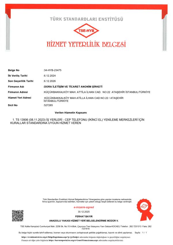 Cep Telefonu Yenileme Merkezi — Dora İletişim ve Ticaret A.Ş.
