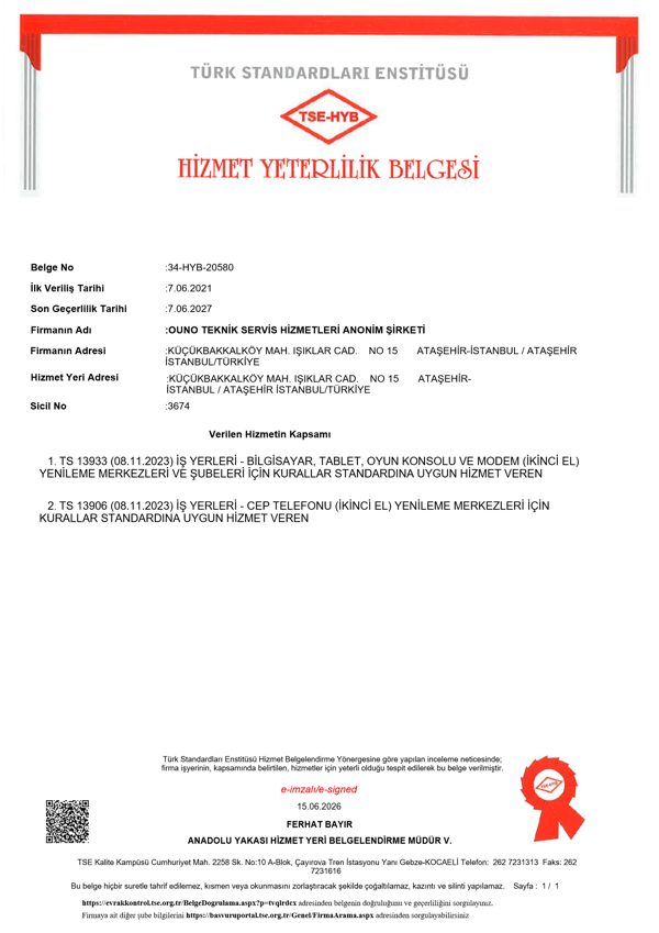Yetkili Yenileme Merkezi — OUNO Teknik Servis Hizmetleri A.Ş.